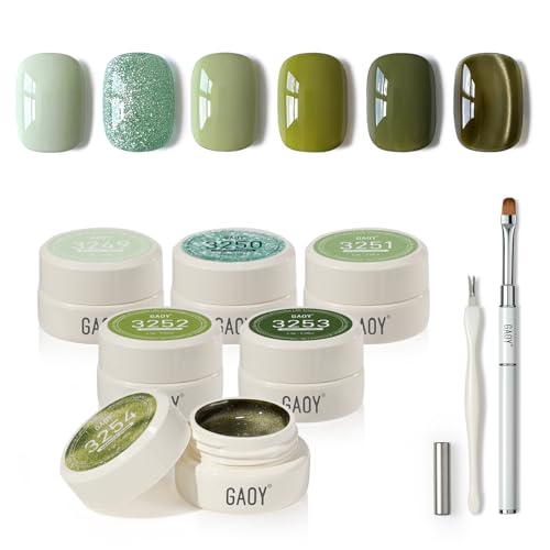 GAOY Olive Green Gel Nail Polish Set - 6 Cat Eye Glitter Shades