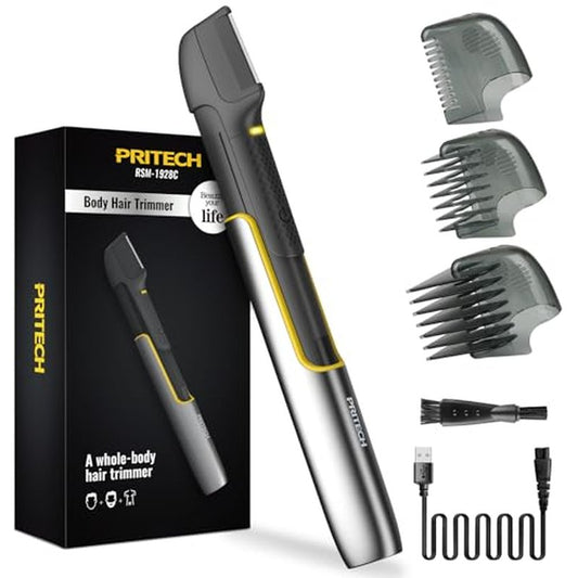 PRITECH Body Hair Trimmer for Men, Rechargeable Pubic Hair Trimmer for Men Electric Back Shaver for Men Waterproof Wet/Dry Body Groomer Ball Shaver