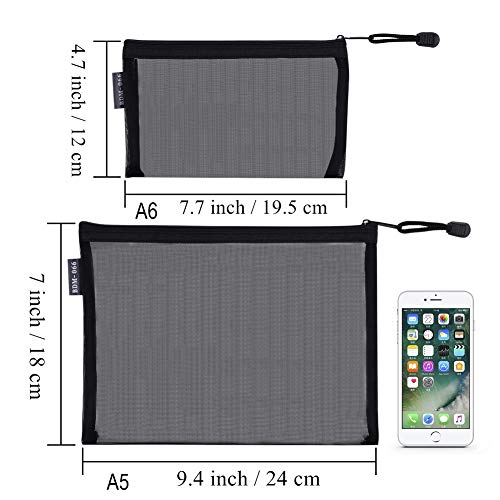 HRX 6pcs Mesh Makeup Bags for Travel - A5 & A6 Sizes, Black