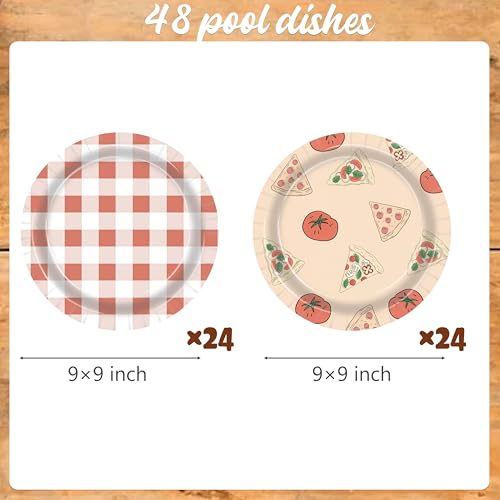 48-Count Pizza Themed Paper Plates - 9 Inch Red Gingham & Tomato Design