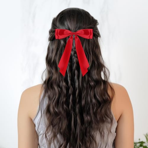 Red Satin Hair Bow Clips 2 Pack Large Hair Accessories for Women & Girls