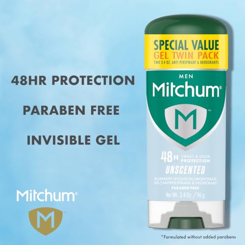 Mitchum Men’s Unscented Antiperspirant Gel 3.4oz Pack of 2 – 48HR Odor & Sweat Protection