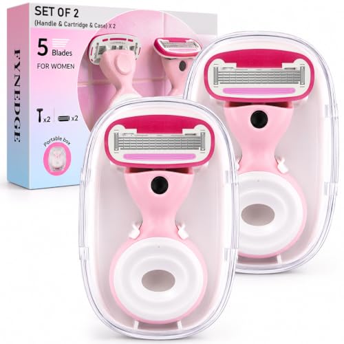 FYNEDGE Set of 2 Travel Razors for Women with Handles, Cartridges & Pink Cases