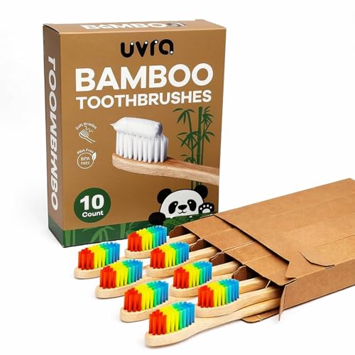 UVRA Rainbow Bamboo Toothbrush 10 Pack - Eco-Friendly Organic, Charcoal Infused Soft Bristles, Plastic-Free, Gentle for Sensitive Teeth
