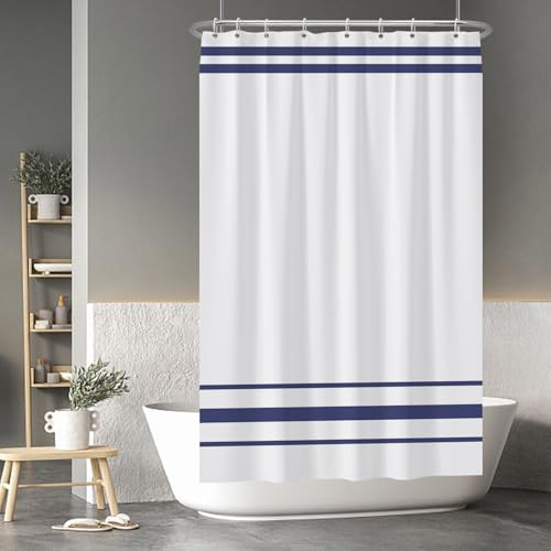 Navy Blue Striped Shower Curtain Set with Hooks - 48x72 in