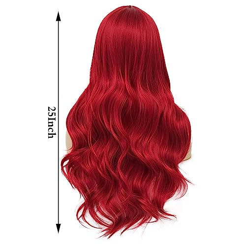 Long Red Curly Wavy Synthetic Wig for Halloween Cosplay and Daily Wear