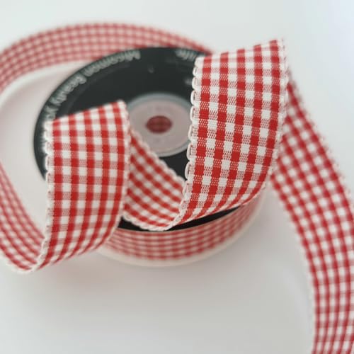 1-Inch Red and White Gingham Ribbon - 25 Yards Taffeta Plaid