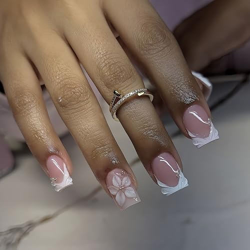 24Pcs White French Tip Press On Nails with 3D Flowers & Rhinestones