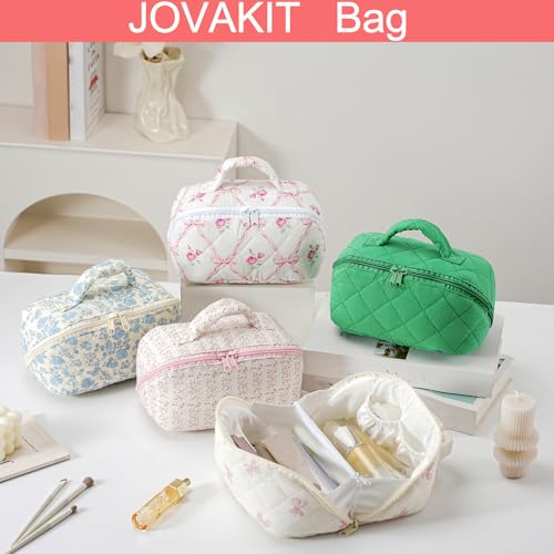 JOVAKIT Large Green Quilted Makeup Bag - Travel Cosmetic Organizer