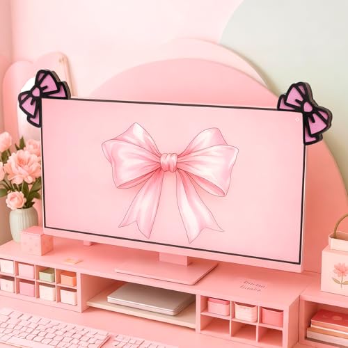 Cute Pink Bow Monitor Decorations - 2 Pcs 3D Wood Decor for Office