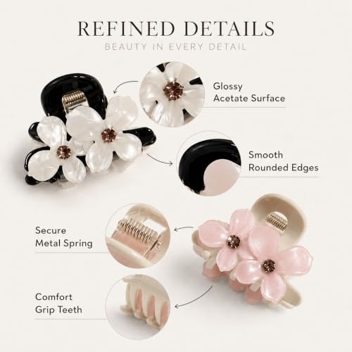Babeorn Camellia Flower Acetate Hair Claw Clips - 2 Pack Medium Shark Clips