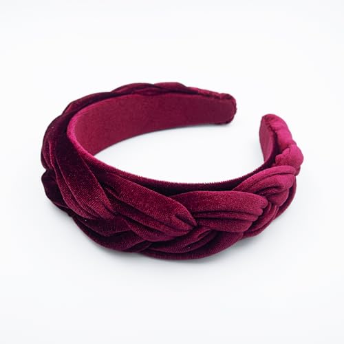 Dresyu Burgundy Braided Velvet Headband for Women, Padded Non-Slip Hair Accessory