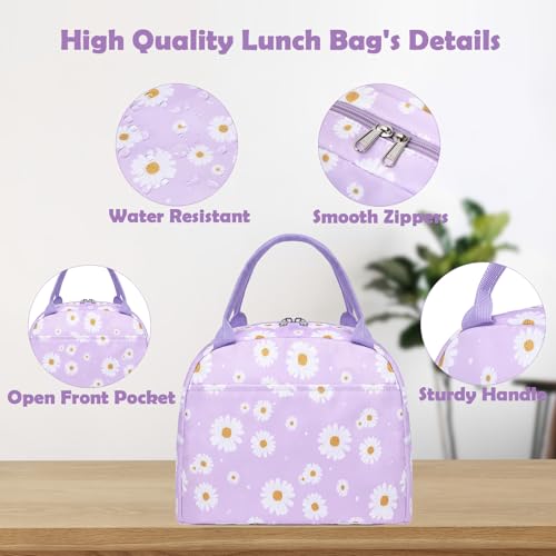 Kimwadalh Insulated Lunch Bag - Purple Daisy Tote for Work & Travel
