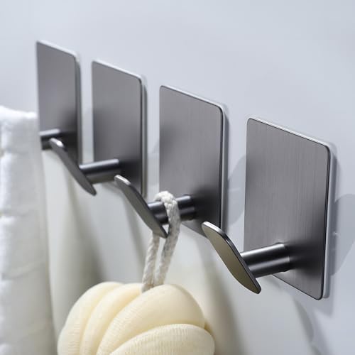 Heavy-Duty Adhesive Towel Hooks - 4 Pack Stainless Steel Grey