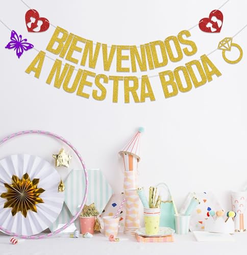 Gold Glitter Spanish Wedding Banner - Bienvenidos A Nuestra Boda Decoration