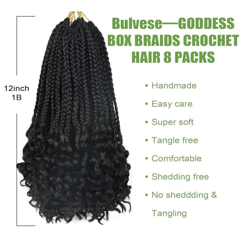 12 Inch Goddess Box Braids Crochet Hair - Natural Black, 8 Packs