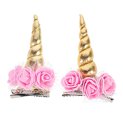 Golden Pink Flower Horn Hair Clips - 2 Pack for Girls
