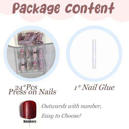 BABALAL CNF000 Reusable Medium Almond Press On Nails with Pink French Tips & Bling Charms