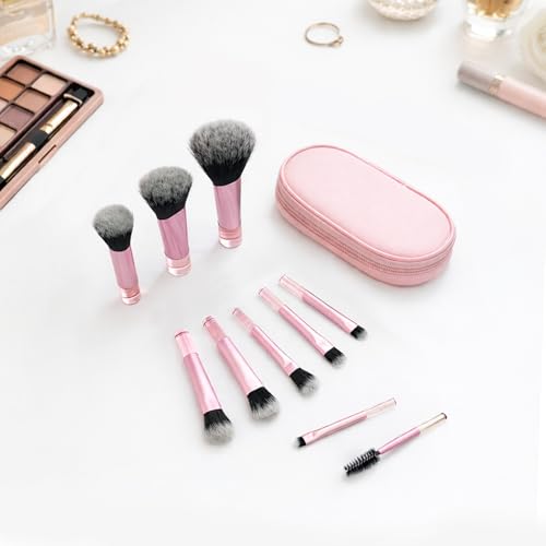 10-Piece Mini Pink Travel Makeup Brush Set with Pouch