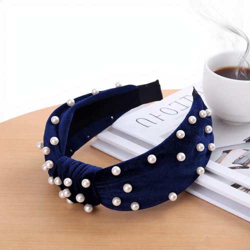 Navy Blue Velvet Pearl Knot Headband for Women - CAUDIO Wide Top Knot Cross Hairband