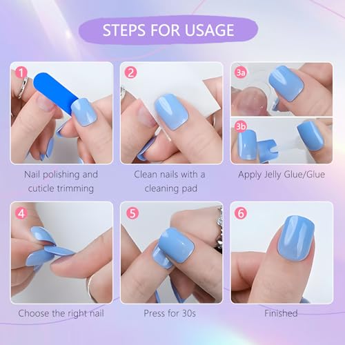 Mtruil Summer French Tip Press-On Nails Set - Designs 23, Short Almond, Pink & Blue Beach Nail Art, Reusable 24 pcs
