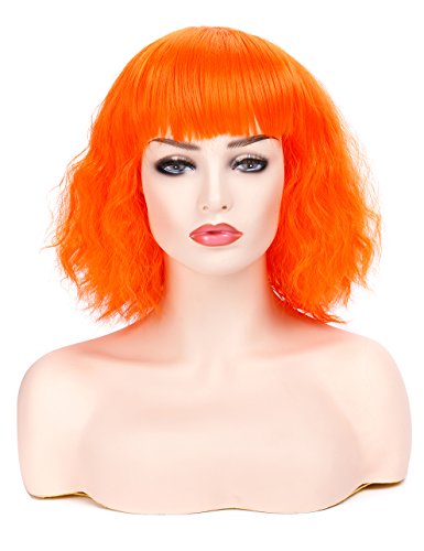 Morvally Short Orange Wavy Curly Bob Wig with Bangs, Heat Resistant