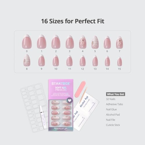 BTArtbox Dew-Kissed Bud Short Almond French Tip Fake Nails - 32Ct, Salon Natural Look