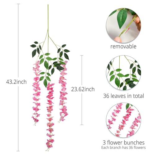 Artificial Wisteria Hanging Flowers - 12 Pack Dark Pink Silk Vines