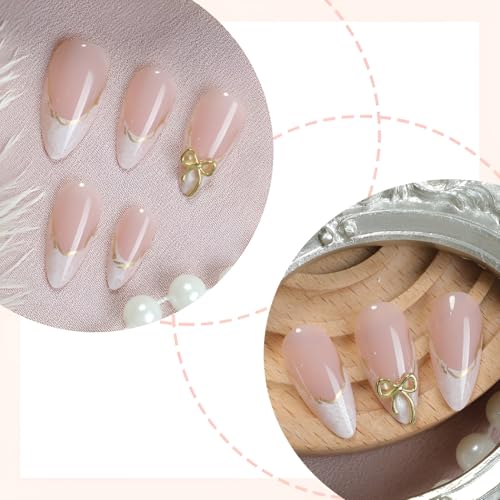 Gold Almond Press On Nails with White French Tips - 24 Pcs Set