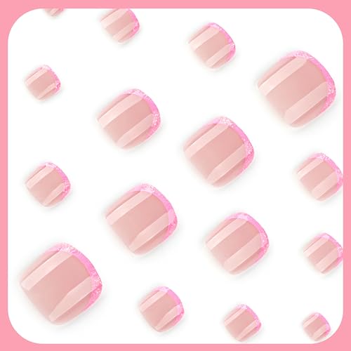 24 Pcs Pink French Tip Press On Toenails - Glittery Full Cover