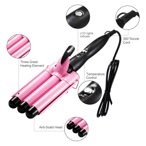 WILLBOND 25mm Pink Triple Barrel Curling Iron Wand with LCD Display