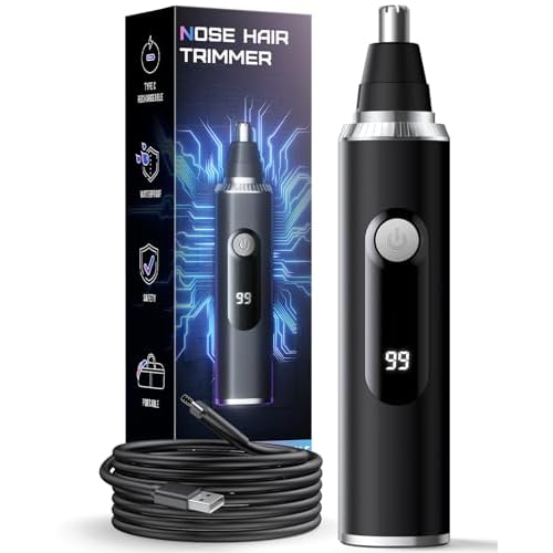 Nose Hair Trimmer for Men and Women, USB Rechargeable Electric Facial and Ear Hair Remover with LED Display, Dual-Edge Blades for Smooth, Painless Eyebrow Grooming (Black)