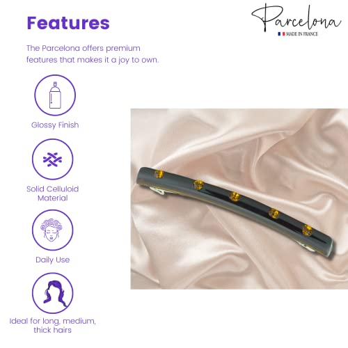 Parcelona French Long Narrow Celluloid Hair Barrette with Crystals - Shell Brown, No Slip Grip, Made in France