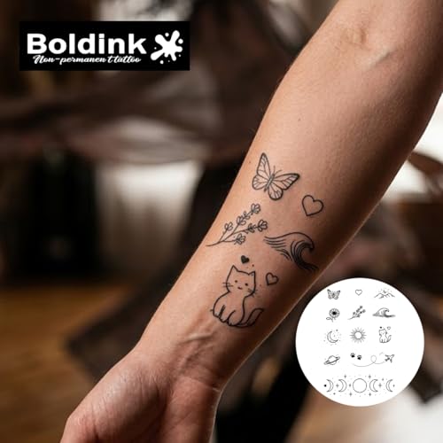 Boldink Mini Cute Temporary Tattoo Set – Hand, Arm, Cat, Butterfly Designs