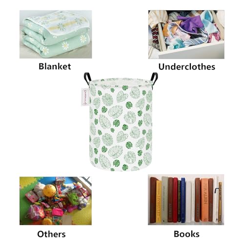 QUEENLALA Large Foldable Round Storage Basket - Waterproof, Green Leaf