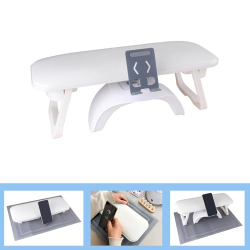 Foldable Manicure Arm Rest with Phone Holder & Table Mat - White PU Leather