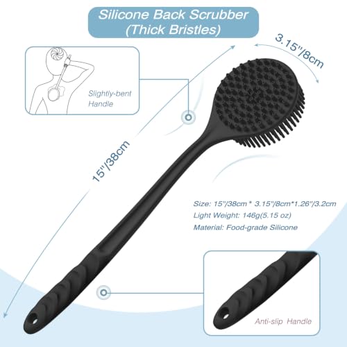 Manmihealth Silicone Back Scrubber & Soft Bath Glove Set 2PCS Black Thick Bristles