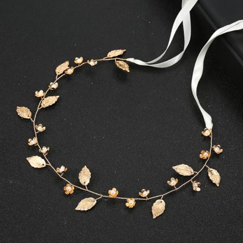 ALUINN Gold Bridal Hair Vine with Pearl & Flower Accents