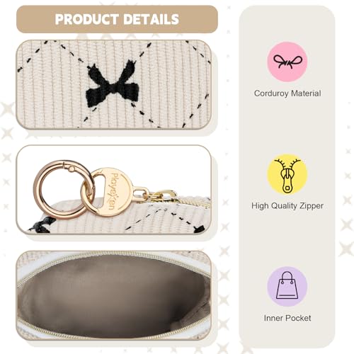 Playexen Light Pink Bow Tie Corduroy Mini Makeup Bag for Purse, Travel & Gift