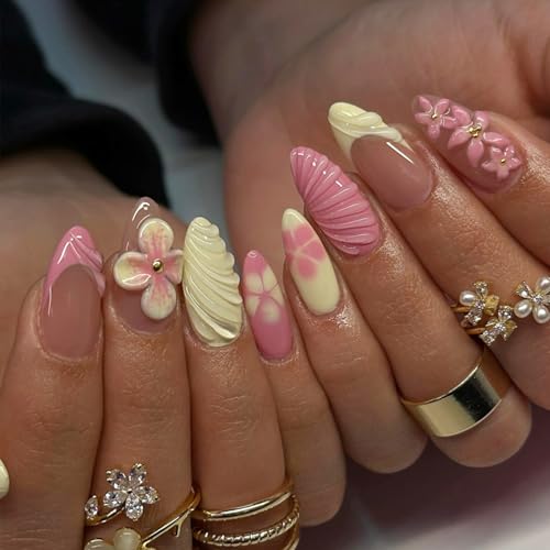 3D Handmade Medium Almond Press On Nails - Spring Floral Design