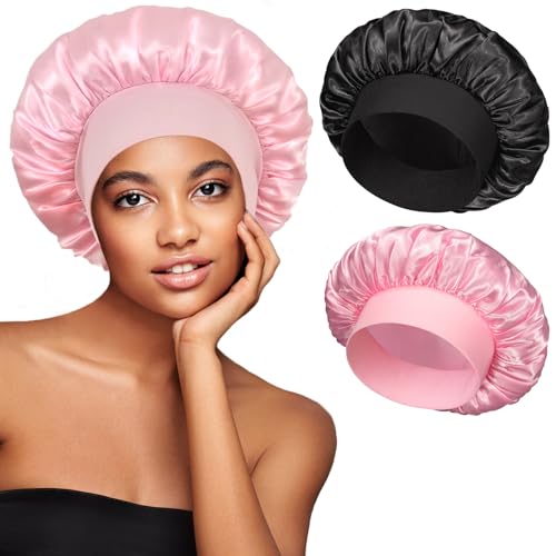 Satin Sleep Bonnets for Women - 2 Pack, Large Anti-Frizz Cap