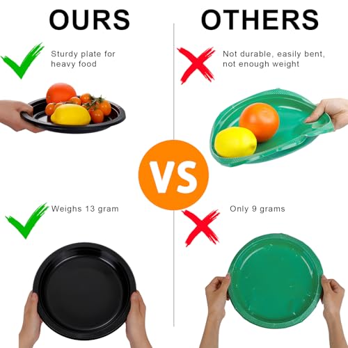 WELLIFE 7 Inch Black Plastic Plates - 50 Count Disposable Dinner Plates