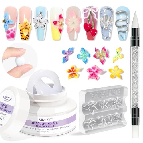 MIZHSE White 3D Nail Sculpting Gel with Flower Mold 30g - Non-Sticky 3D Art
