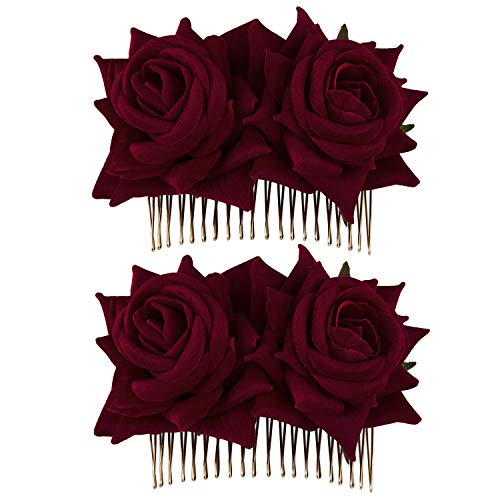2-Pack Burgundy Rose Flower Hair Combs for Brides & Dancers