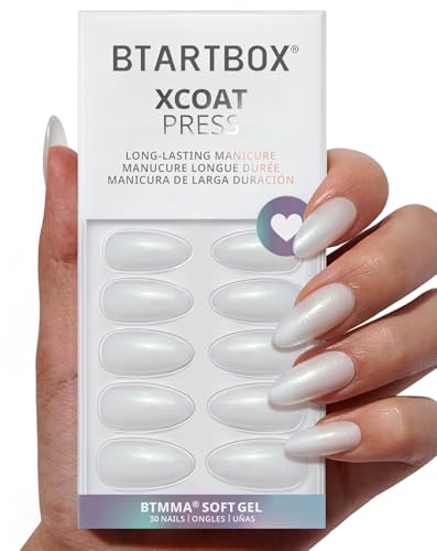 BTArtbox Press On Nails, Medium Almond Glitter White, 30-Piece Gel Nail Kit