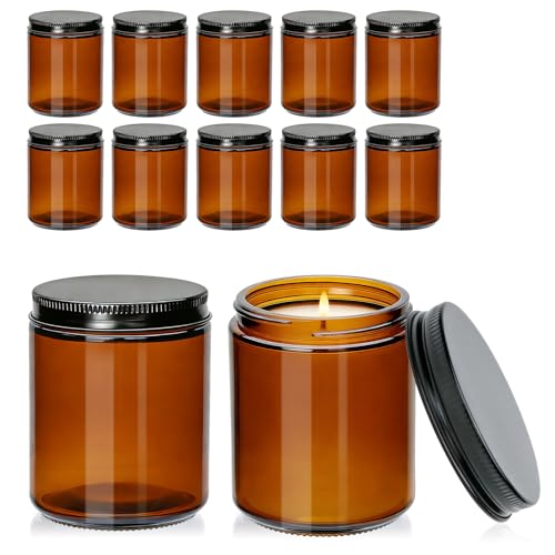 Encheng 8 oz Amber Glass Candle Jars with Black Metal Lids - 12 Pack