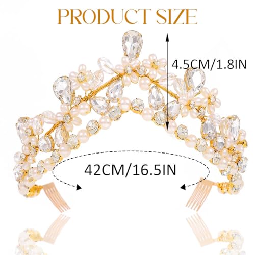 Yean Gold Crystal Wedding Tiara with Pearls and Flowers for Bridal Hair Accessories