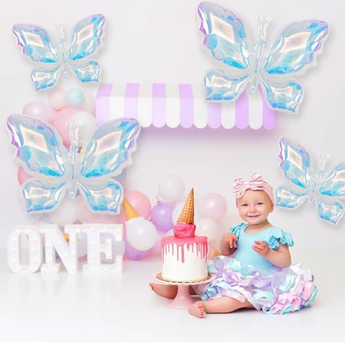 Iridescent Rainbow Butterfly Foil Balloons - 4 Pack for Parties