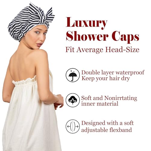 Luvruitaky Black Stripe Luxury Shower Cap for Women - Reusable Waterproof Hair Bath Cap with Adjustable Bowknot