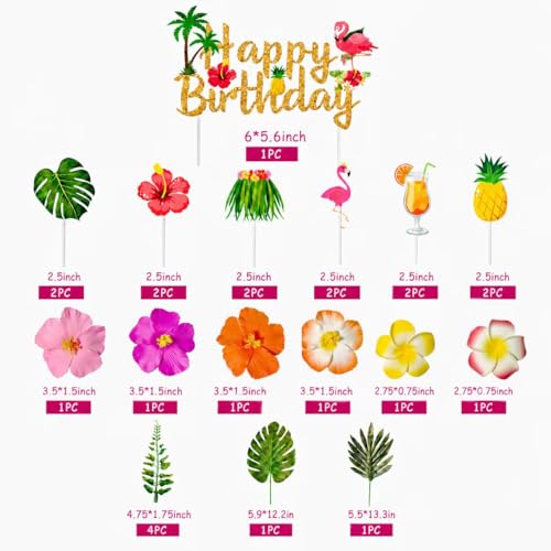 23 PCS Tropical Flower Cake Toppers for Luau Parties & Birthdays